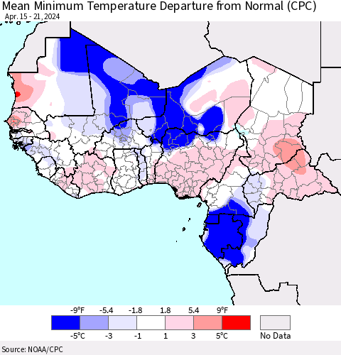 Western Africa Mean Minimum Temperature Departure from Normal (CPC) Thematic Map For 4/15/2024 - 4/21/2024