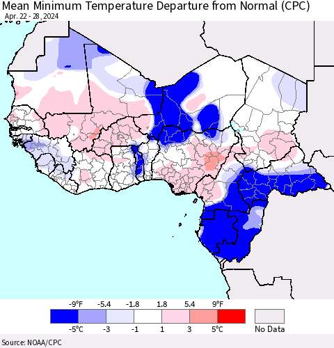 Western Africa Mean Minimum Temperature Departure from Normal (CPC) Thematic Map For 4/22/2024 - 4/28/2024