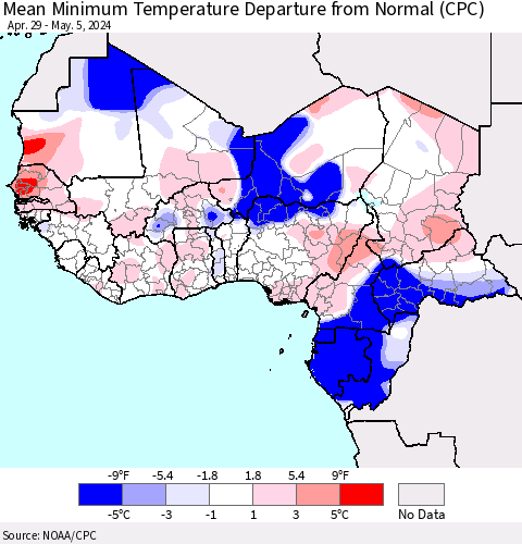 Western Africa Mean Minimum Temperature Departure from Normal (CPC) Thematic Map For 4/29/2024 - 5/5/2024