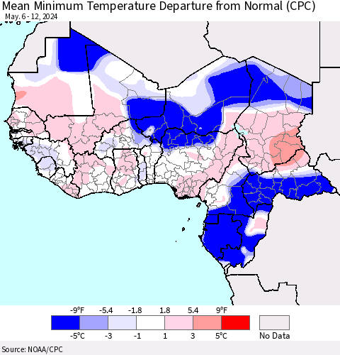 Western Africa Mean Minimum Temperature Departure from Normal (CPC) Thematic Map For 5/6/2024 - 5/12/2024
