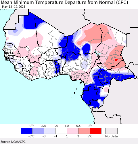Western Africa Mean Minimum Temperature Departure from Normal (CPC) Thematic Map For 5/13/2024 - 5/19/2024