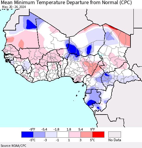 Western Africa Mean Minimum Temperature Departure from Normal (CPC) Thematic Map For 5/20/2024 - 5/26/2024
