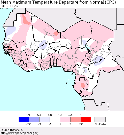 Western Africa Mean Maximum Temperature Departure from Normal (CPC) Thematic Map For 7/5/2021 - 7/11/2021