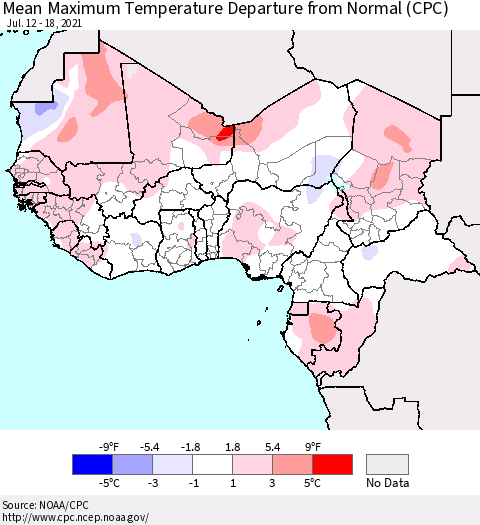Western Africa Mean Maximum Temperature Departure from Normal (CPC) Thematic Map For 7/12/2021 - 7/18/2021