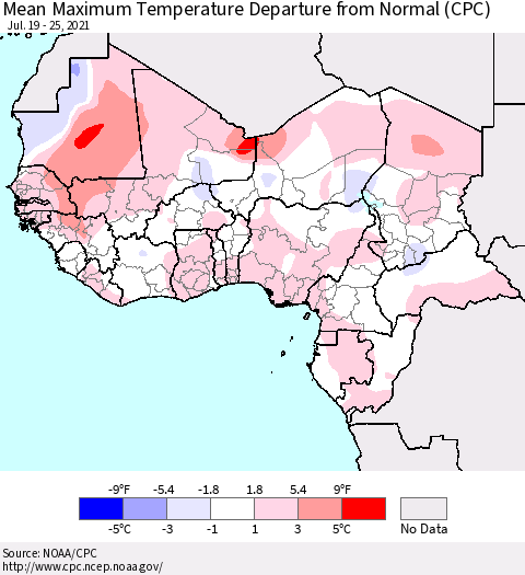 Western Africa Mean Maximum Temperature Departure from Normal (CPC) Thematic Map For 7/19/2021 - 7/25/2021