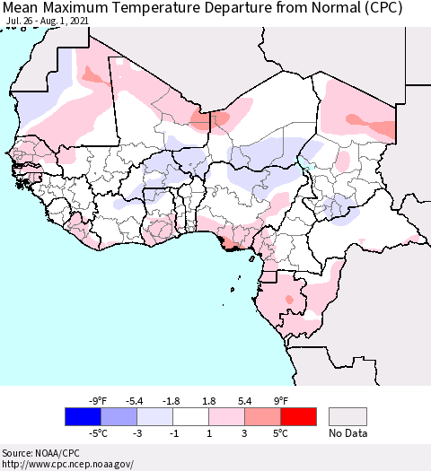 Western Africa Mean Maximum Temperature Departure from Normal (CPC) Thematic Map For 7/26/2021 - 8/1/2021