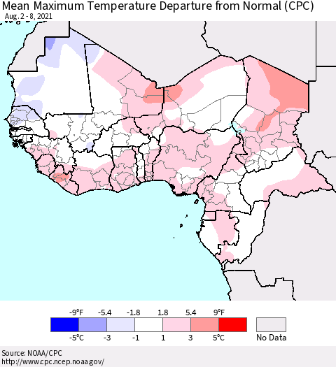 Western Africa Mean Maximum Temperature Departure from Normal (CPC) Thematic Map For 8/2/2021 - 8/8/2021