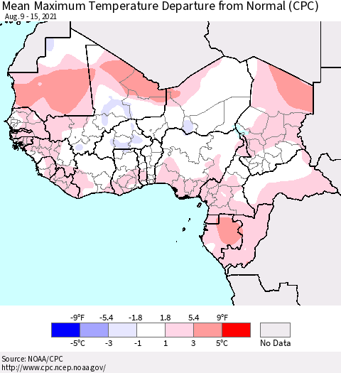 Western Africa Mean Maximum Temperature Departure from Normal (CPC) Thematic Map For 8/9/2021 - 8/15/2021