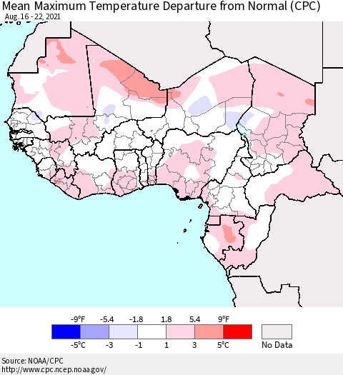 Western Africa Mean Maximum Temperature Departure from Normal (CPC) Thematic Map For 8/16/2021 - 8/22/2021