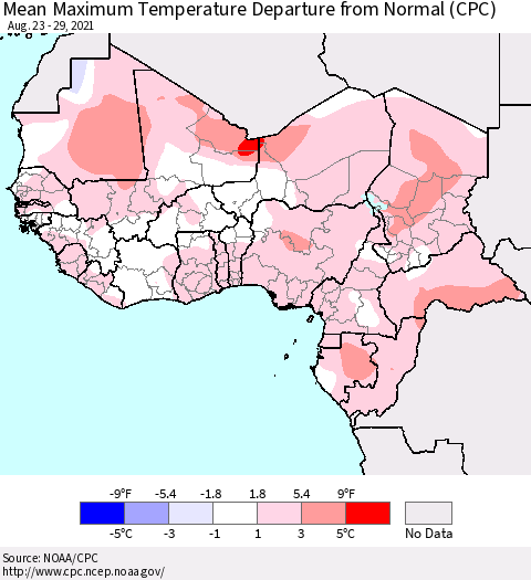 Western Africa Mean Maximum Temperature Departure from Normal (CPC) Thematic Map For 8/23/2021 - 8/29/2021
