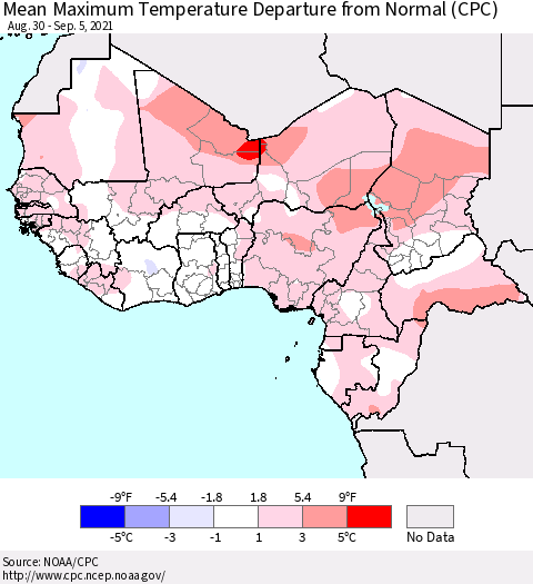 Western Africa Mean Maximum Temperature Departure from Normal (CPC) Thematic Map For 8/30/2021 - 9/5/2021