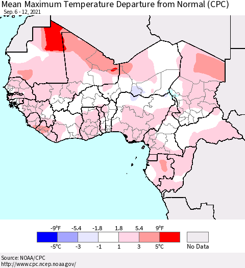 Western Africa Mean Maximum Temperature Departure from Normal (CPC) Thematic Map For 9/6/2021 - 9/12/2021