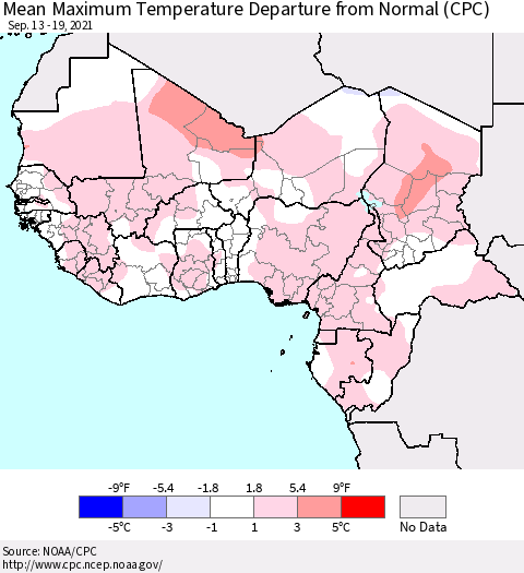 Western Africa Mean Maximum Temperature Departure from Normal (CPC) Thematic Map For 9/13/2021 - 9/19/2021