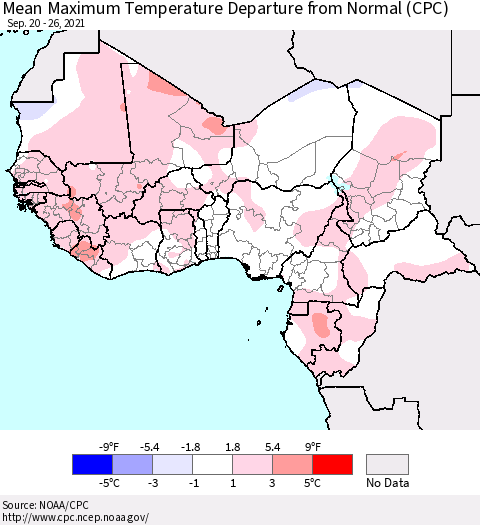 Western Africa Mean Maximum Temperature Departure from Normal (CPC) Thematic Map For 9/20/2021 - 9/26/2021