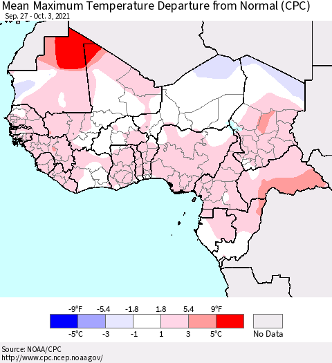 Western Africa Mean Maximum Temperature Departure from Normal (CPC) Thematic Map For 9/27/2021 - 10/3/2021