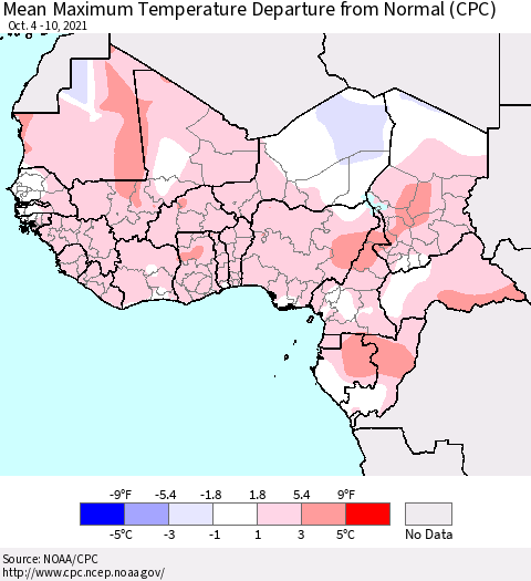 Western Africa Mean Maximum Temperature Departure from Normal (CPC) Thematic Map For 10/4/2021 - 10/10/2021