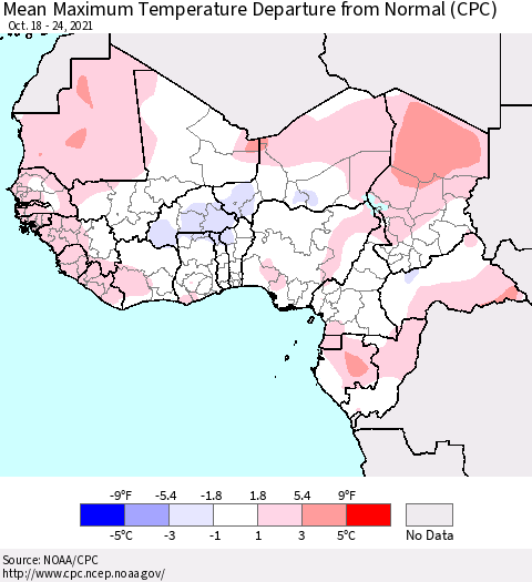 Western Africa Mean Maximum Temperature Departure from Normal (CPC) Thematic Map For 10/18/2021 - 10/24/2021