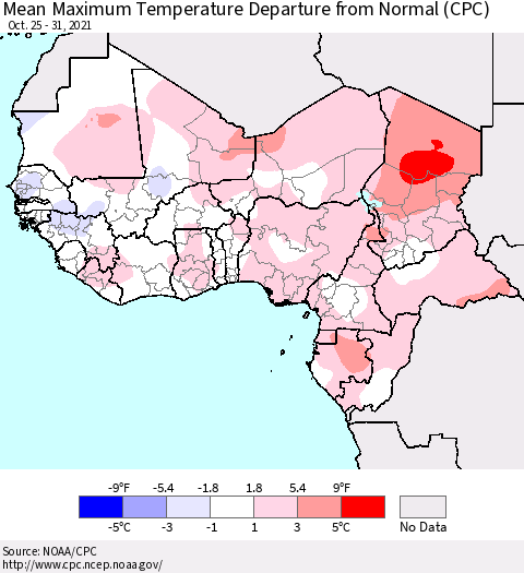 Western Africa Mean Maximum Temperature Departure from Normal (CPC) Thematic Map For 10/25/2021 - 10/31/2021