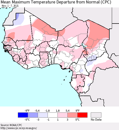 Western Africa Mean Maximum Temperature Departure from Normal (CPC) Thematic Map For 11/1/2021 - 11/7/2021