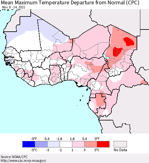 Western Africa Mean Maximum Temperature Departure from Normal (CPC) Thematic Map For 11/8/2021 - 11/14/2021