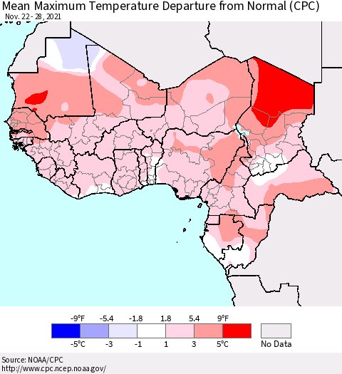 Western Africa Mean Maximum Temperature Departure from Normal (CPC) Thematic Map For 11/22/2021 - 11/28/2021