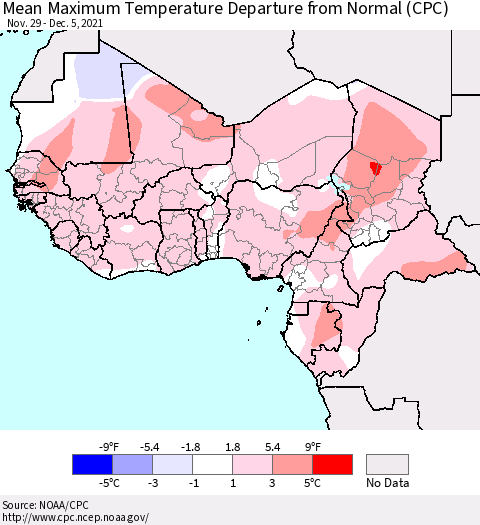 Western Africa Mean Maximum Temperature Departure from Normal (CPC) Thematic Map For 11/29/2021 - 12/5/2021