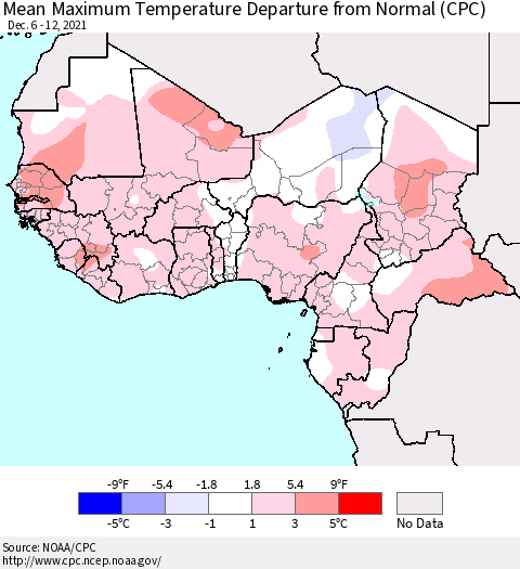 Western Africa Mean Maximum Temperature Departure from Normal (CPC) Thematic Map For 12/6/2021 - 12/12/2021