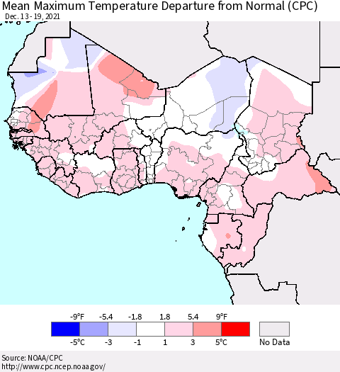 Western Africa Mean Maximum Temperature Departure from Normal (CPC) Thematic Map For 12/13/2021 - 12/19/2021