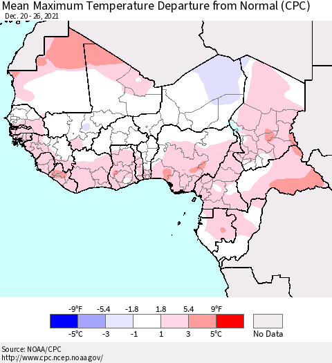 Western Africa Mean Maximum Temperature Departure from Normal (CPC) Thematic Map For 12/20/2021 - 12/26/2021