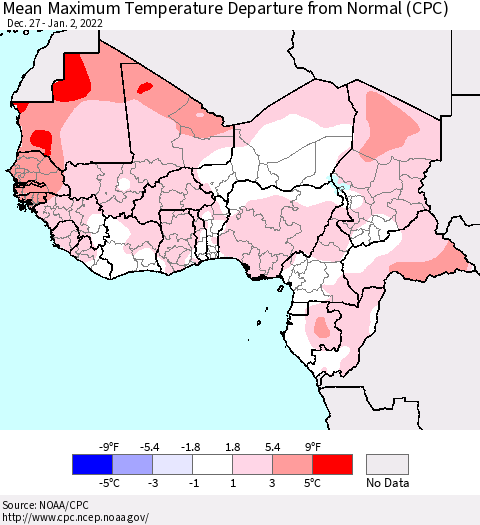 Western Africa Mean Maximum Temperature Departure from Normal (CPC) Thematic Map For 12/27/2021 - 1/2/2022