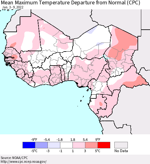 Western Africa Mean Maximum Temperature Departure from Normal (CPC) Thematic Map For 1/3/2022 - 1/9/2022