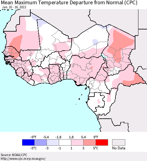 Western Africa Mean Maximum Temperature Departure from Normal (CPC) Thematic Map For 1/10/2022 - 1/16/2022