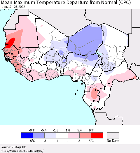 Western Africa Mean Maximum Temperature Departure from Normal (CPC) Thematic Map For 1/17/2022 - 1/23/2022