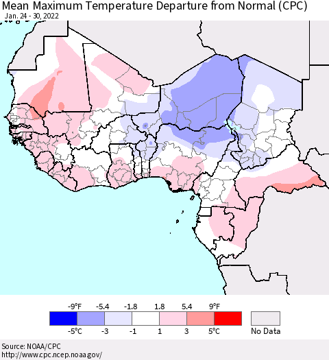 Western Africa Mean Maximum Temperature Departure from Normal (CPC) Thematic Map For 1/24/2022 - 1/30/2022
