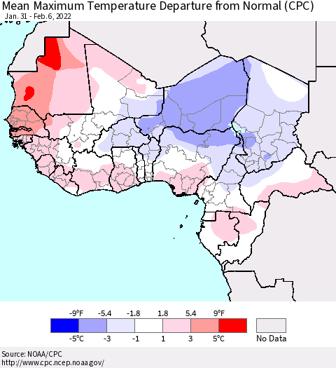 Western Africa Mean Maximum Temperature Departure from Normal (CPC) Thematic Map For 1/31/2022 - 2/6/2022