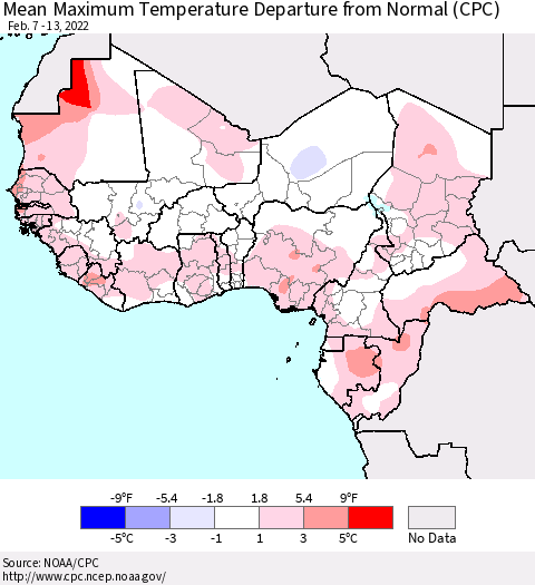 Western Africa Mean Maximum Temperature Departure from Normal (CPC) Thematic Map For 2/7/2022 - 2/13/2022