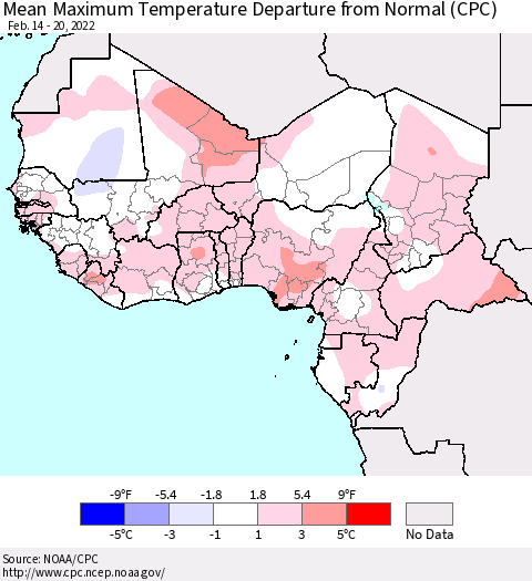 Western Africa Mean Maximum Temperature Departure from Normal (CPC) Thematic Map For 2/14/2022 - 2/20/2022