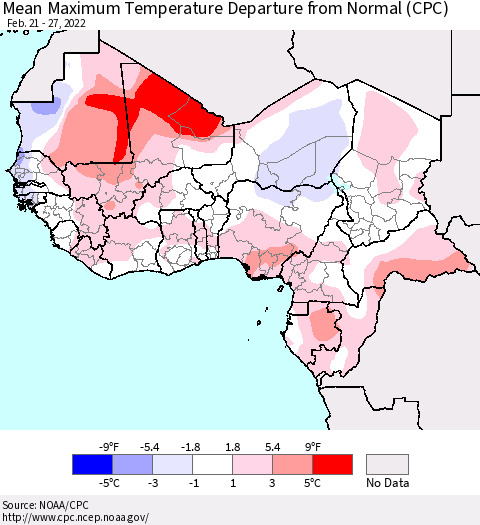 Western Africa Mean Maximum Temperature Departure from Normal (CPC) Thematic Map For 2/21/2022 - 2/27/2022