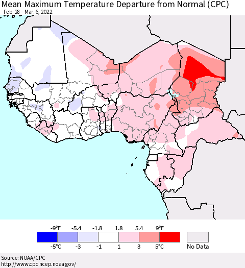 Western Africa Mean Maximum Temperature Departure from Normal (CPC) Thematic Map For 2/28/2022 - 3/6/2022