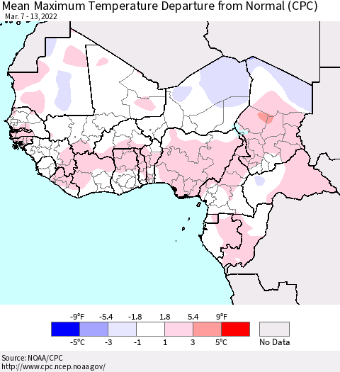 Western Africa Mean Maximum Temperature Departure from Normal (CPC) Thematic Map For 3/7/2022 - 3/13/2022
