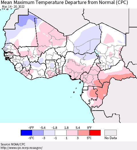 Western Africa Mean Maximum Temperature Departure from Normal (CPC) Thematic Map For 3/14/2022 - 3/20/2022