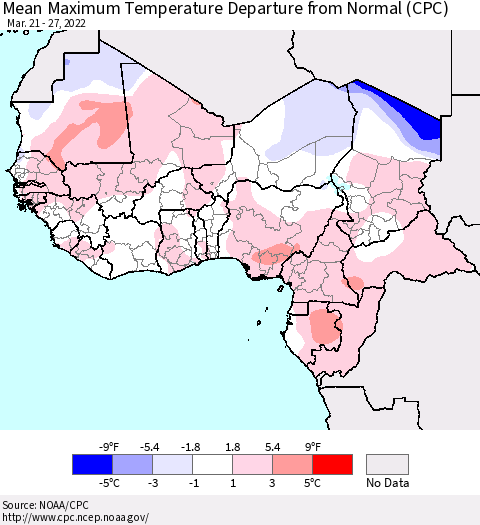 Western Africa Mean Maximum Temperature Departure from Normal (CPC) Thematic Map For 3/21/2022 - 3/27/2022
