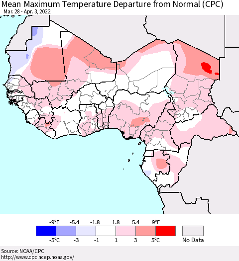 Western Africa Mean Maximum Temperature Departure from Normal (CPC) Thematic Map For 3/28/2022 - 4/3/2022