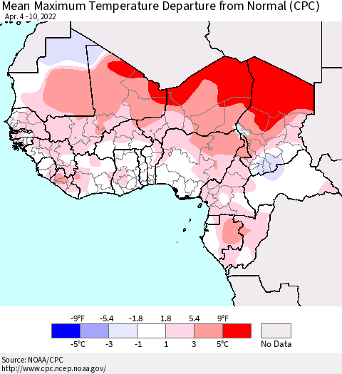 Western Africa Mean Maximum Temperature Departure from Normal (CPC) Thematic Map For 4/4/2022 - 4/10/2022