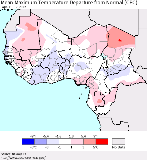 Western Africa Mean Maximum Temperature Departure from Normal (CPC) Thematic Map For 4/11/2022 - 4/17/2022