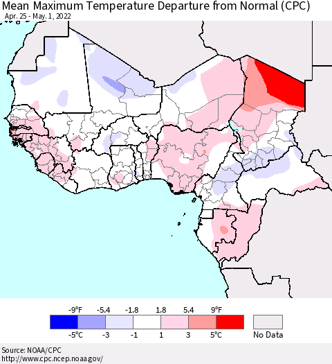 Western Africa Mean Maximum Temperature Departure from Normal (CPC) Thematic Map For 4/25/2022 - 5/1/2022