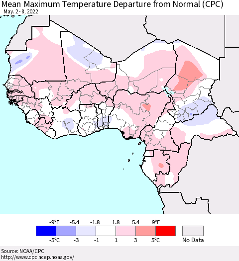 Western Africa Mean Maximum Temperature Departure from Normal (CPC) Thematic Map For 5/2/2022 - 5/8/2022