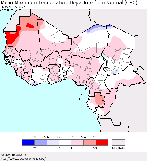 Western Africa Mean Maximum Temperature Departure from Normal (CPC) Thematic Map For 5/9/2022 - 5/15/2022