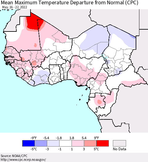 Western Africa Mean Maximum Temperature Departure from Normal (CPC) Thematic Map For 5/16/2022 - 5/22/2022