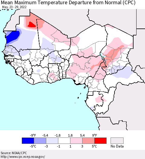 Western Africa Mean Maximum Temperature Departure from Normal (CPC) Thematic Map For 5/23/2022 - 5/29/2022